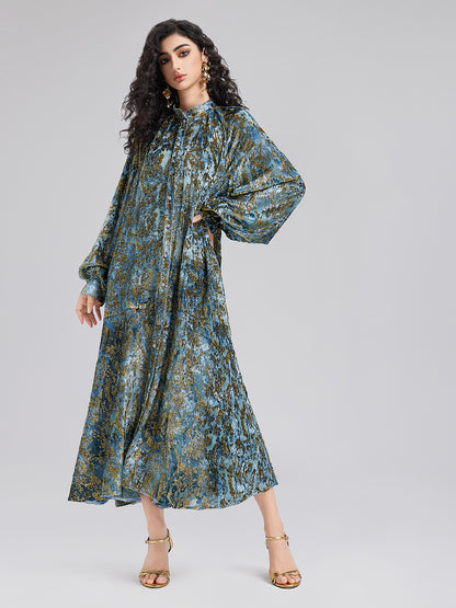 Gold Burnt Floral Velvet Stand Collar Dress