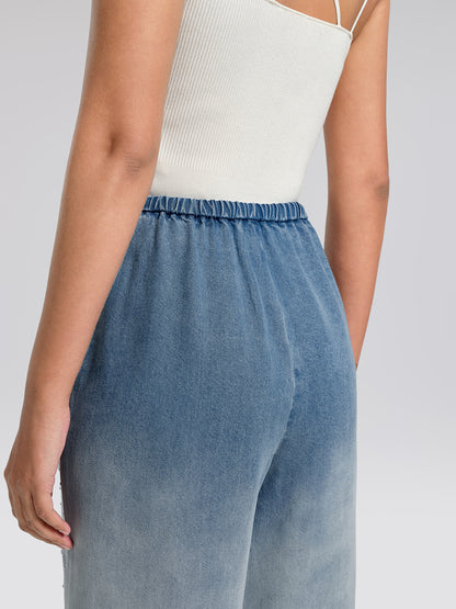 Ombre Washed Rhinestone Wide-Leg Jeans