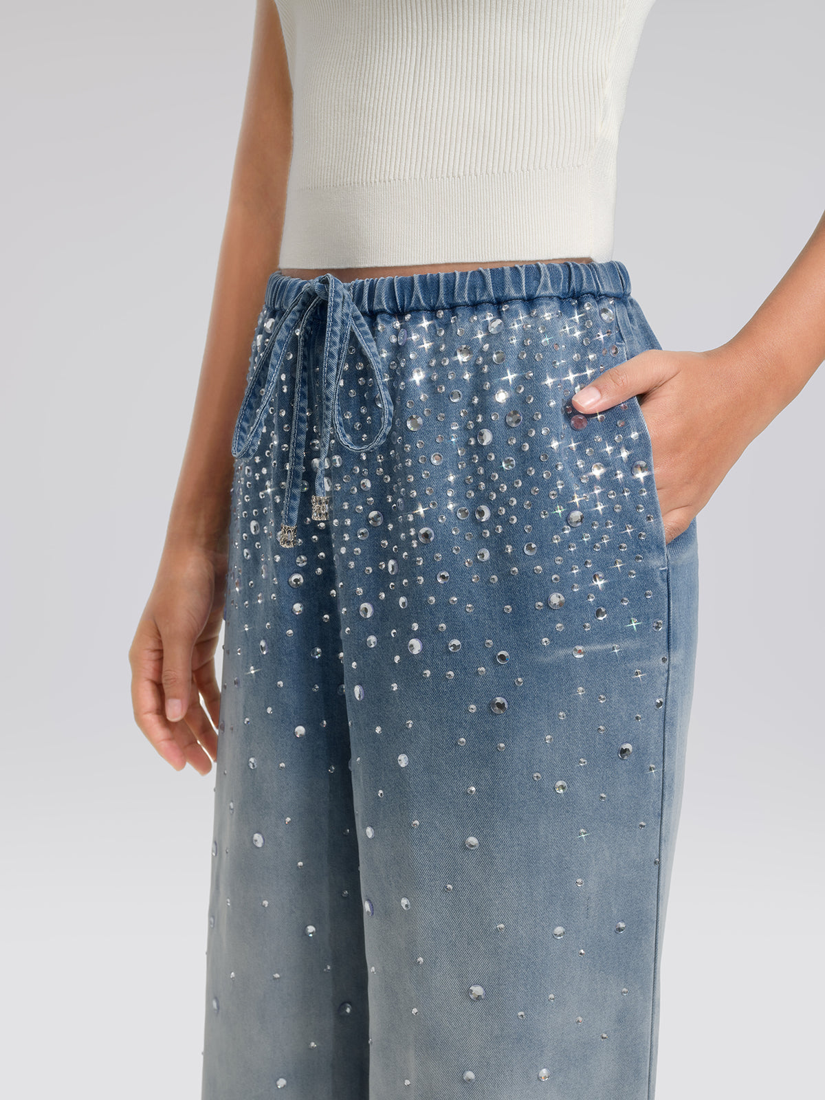 Ombre Washed Rhinestone Wide-Leg Jeans