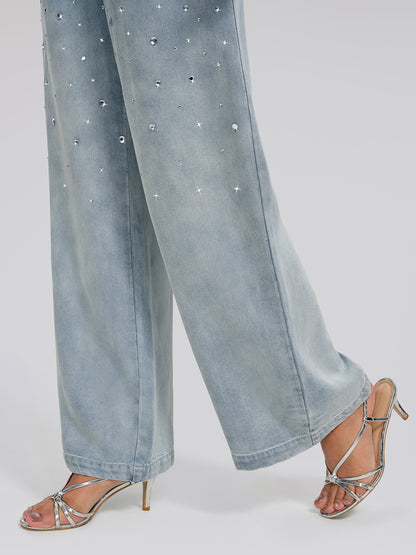 Ombre Washed Rhinestone Wide-Leg Jeans