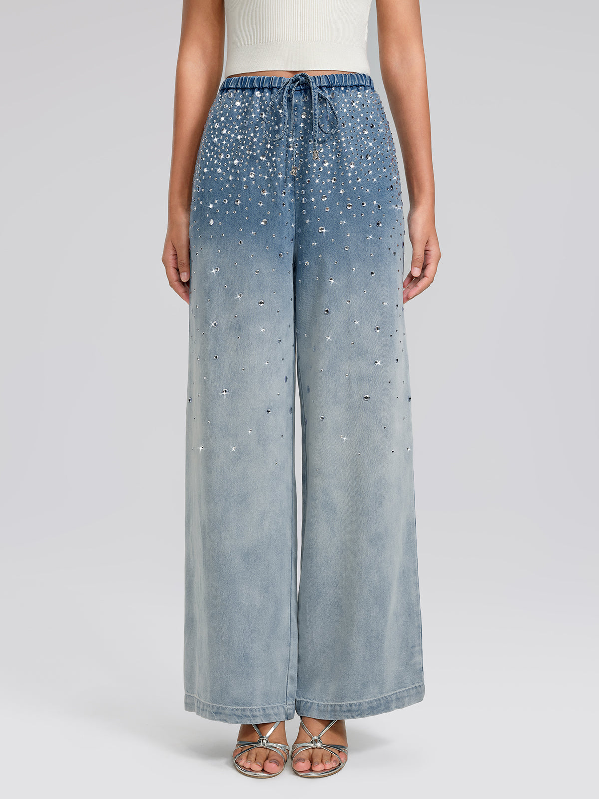 Ombre Washed Rhinestone Wide-Leg Jeans