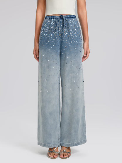 Ombre Washed Rhinestone Wide-Leg Jeans