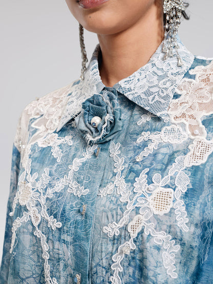 Tencel Embroidery Lace-Panel Shirt (Detachable Floral Included)