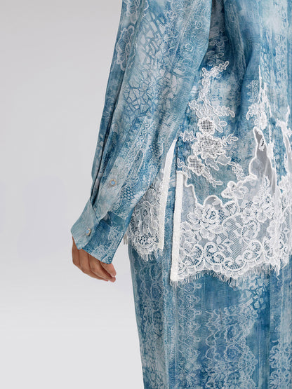 Tencel Embroidery Lace-Panel Shirt (Detachable Floral Included)