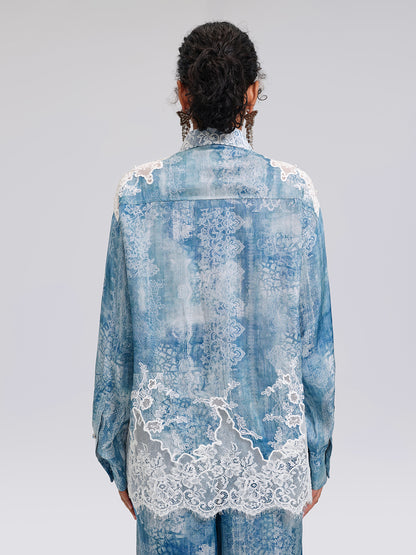 Tencel Embroidery Lace-Panel Shirt (Detachable Floral Included)