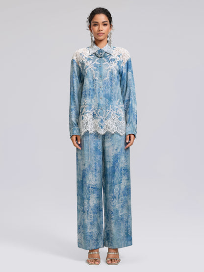 Tencel Embroidery Lace-Panel Shirt (Detachable Floral Included)