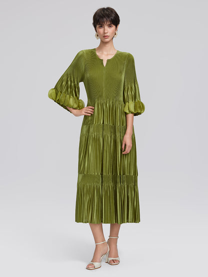 Pleated Cutwork Sleeve Tiered Dress(Waist Tie Included)