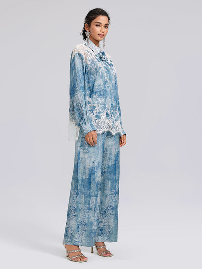 Tencel Embroidery Lace-Panel Shirt (Detachable Floral Included)