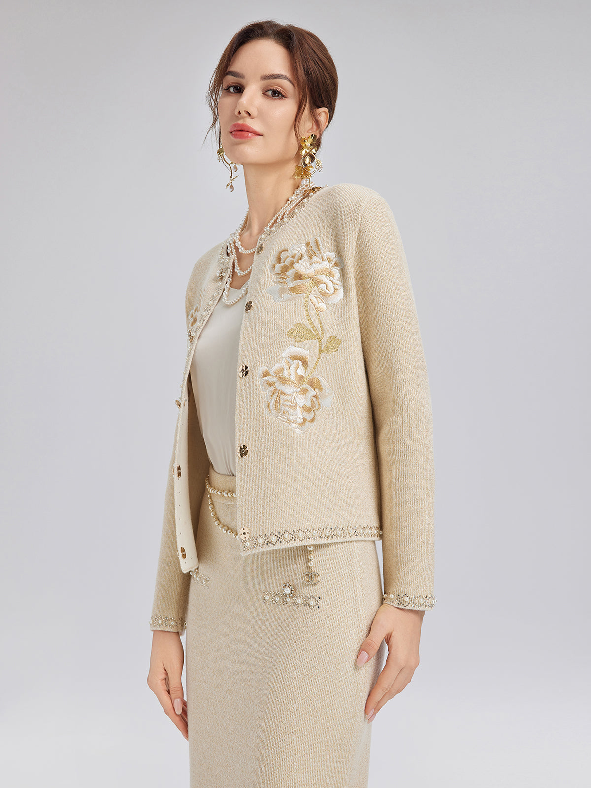 Rhinestone Beaded Embroidered Knit Cardigan