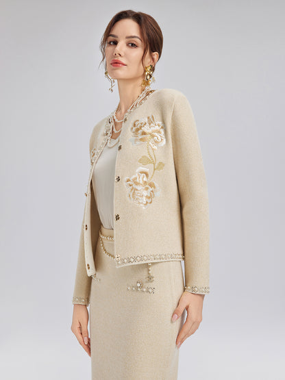 Rhinestone Beaded Embroidered Knit Cardigan