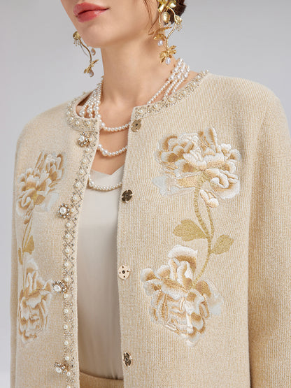 Rhinestone Beaded Embroidered Knit Cardigan