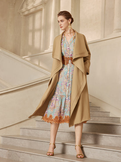 Silk Velvet Devoré Floral Lace Trim Dress (Matching Belt Included)