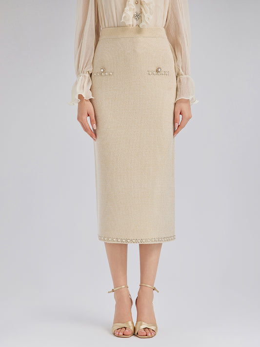 Rhinestone Beaded Stretch Knit Skirt