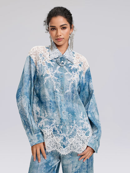 Tencel Embroidery Lace-Panel Shirt (Detachable Floral Included)