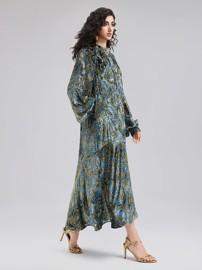 Gold Burnt Floral Velvet Stand Collar Dress