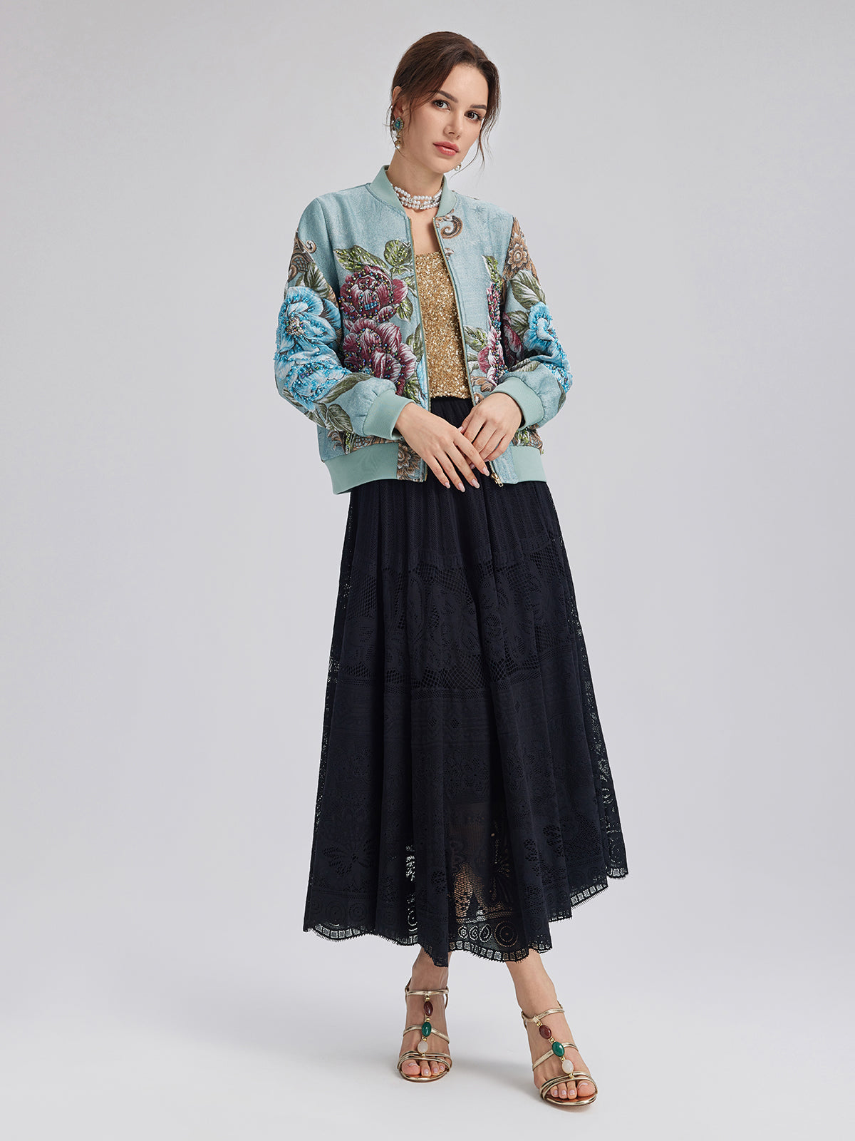 Hand-Beaded 3D Floral Bomber Jacket