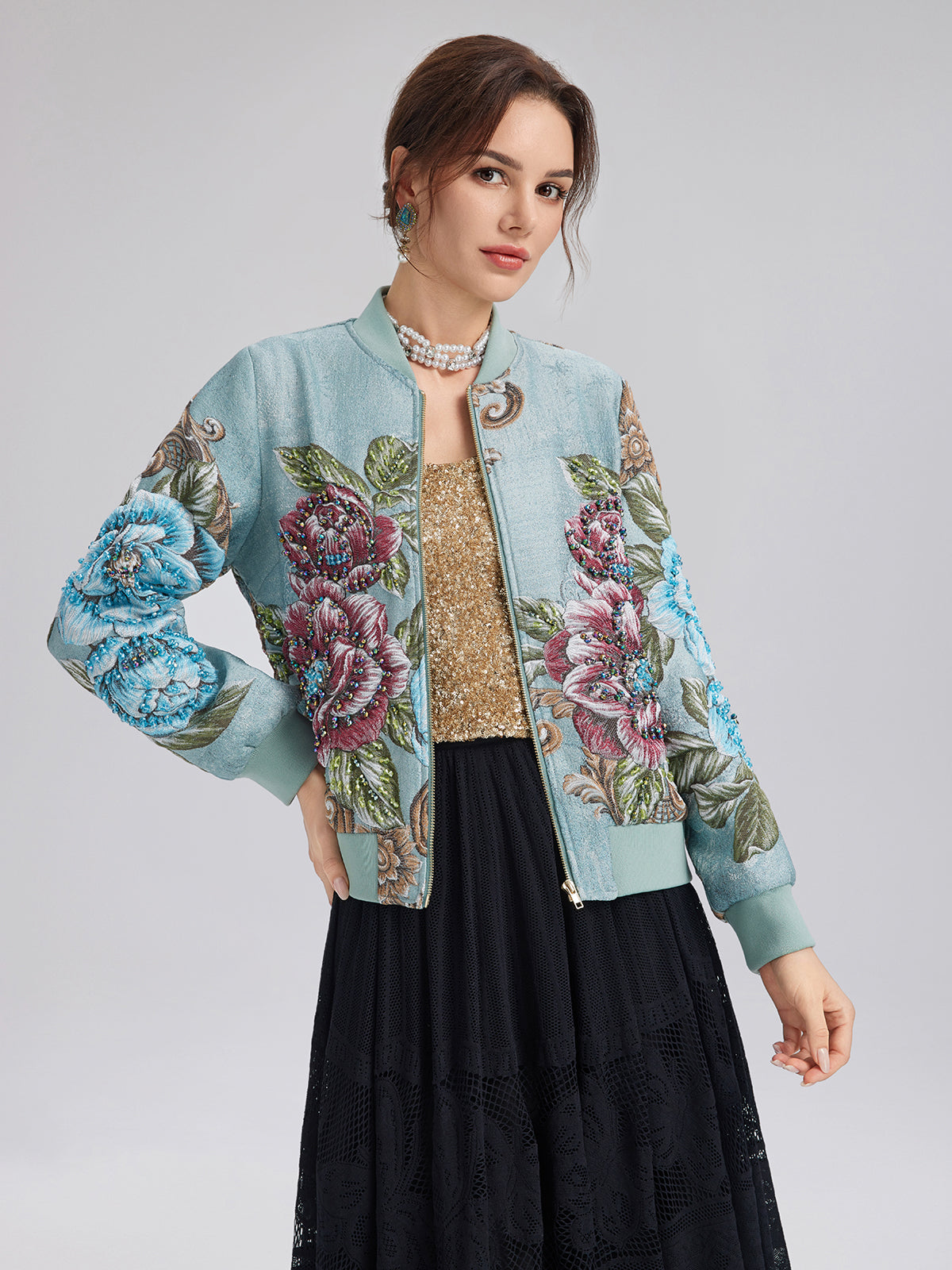 Hand-Beaded 3D Floral Bomber Jacket