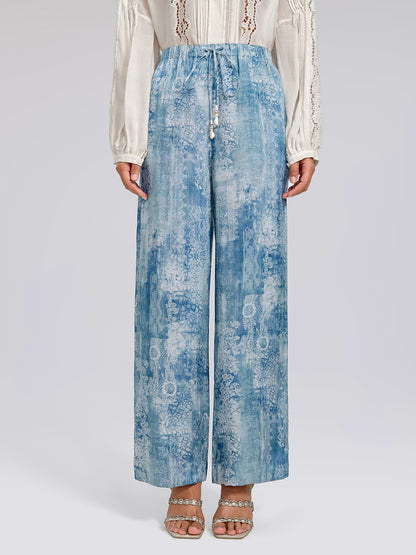 Tencel Printed Elastic Waistband Wide-Leg Pants