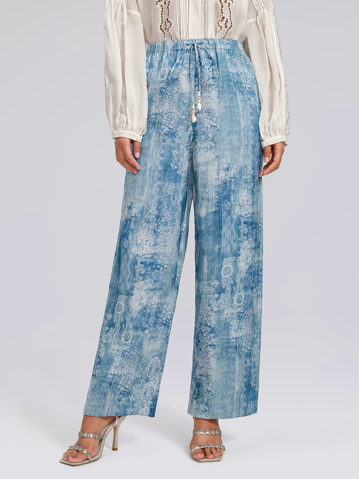 Tencel Printed Elastic Waistband Wide-Leg Pants
