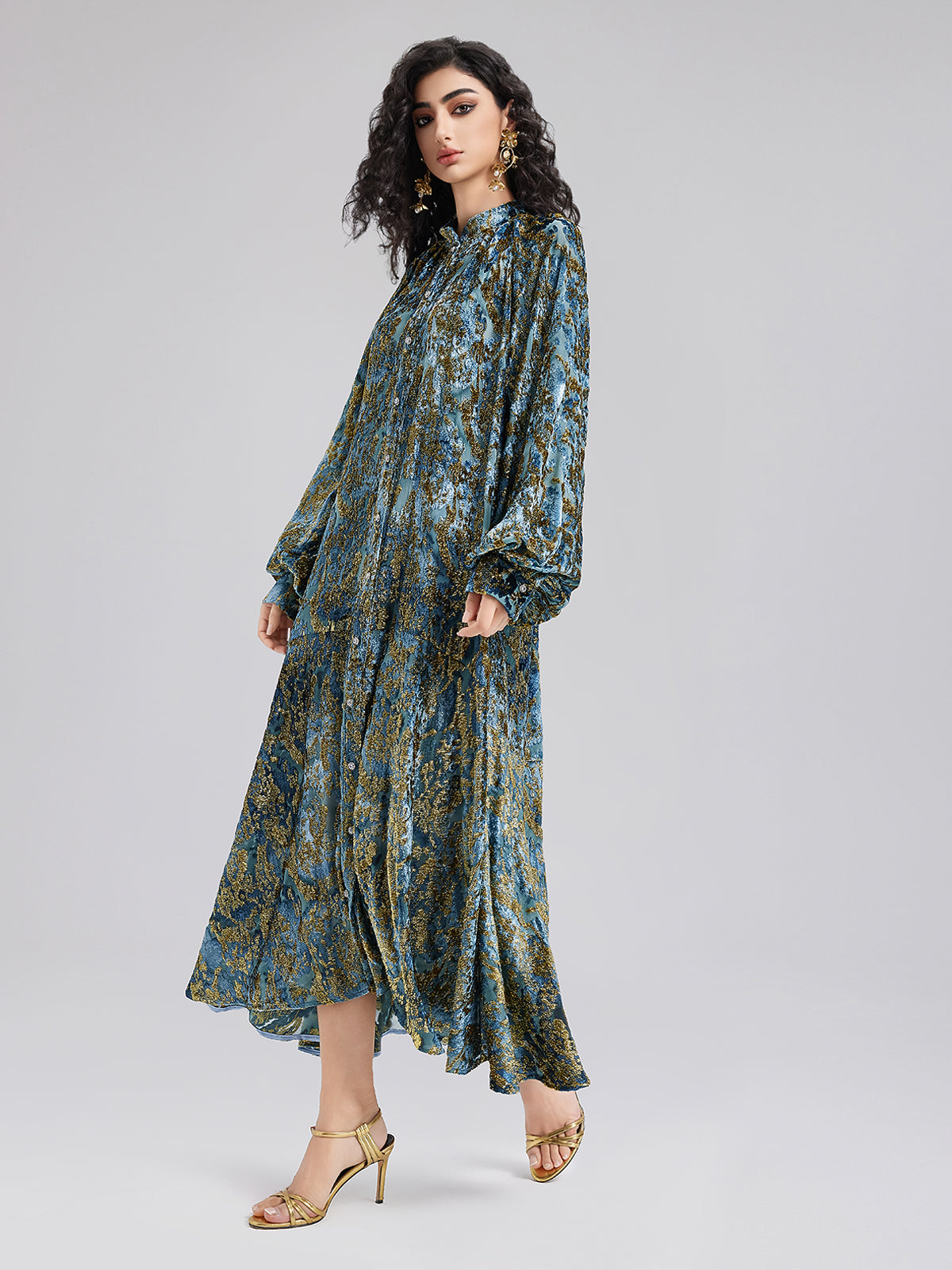 Gold Burnt Floral Velvet Stand Collar Dress