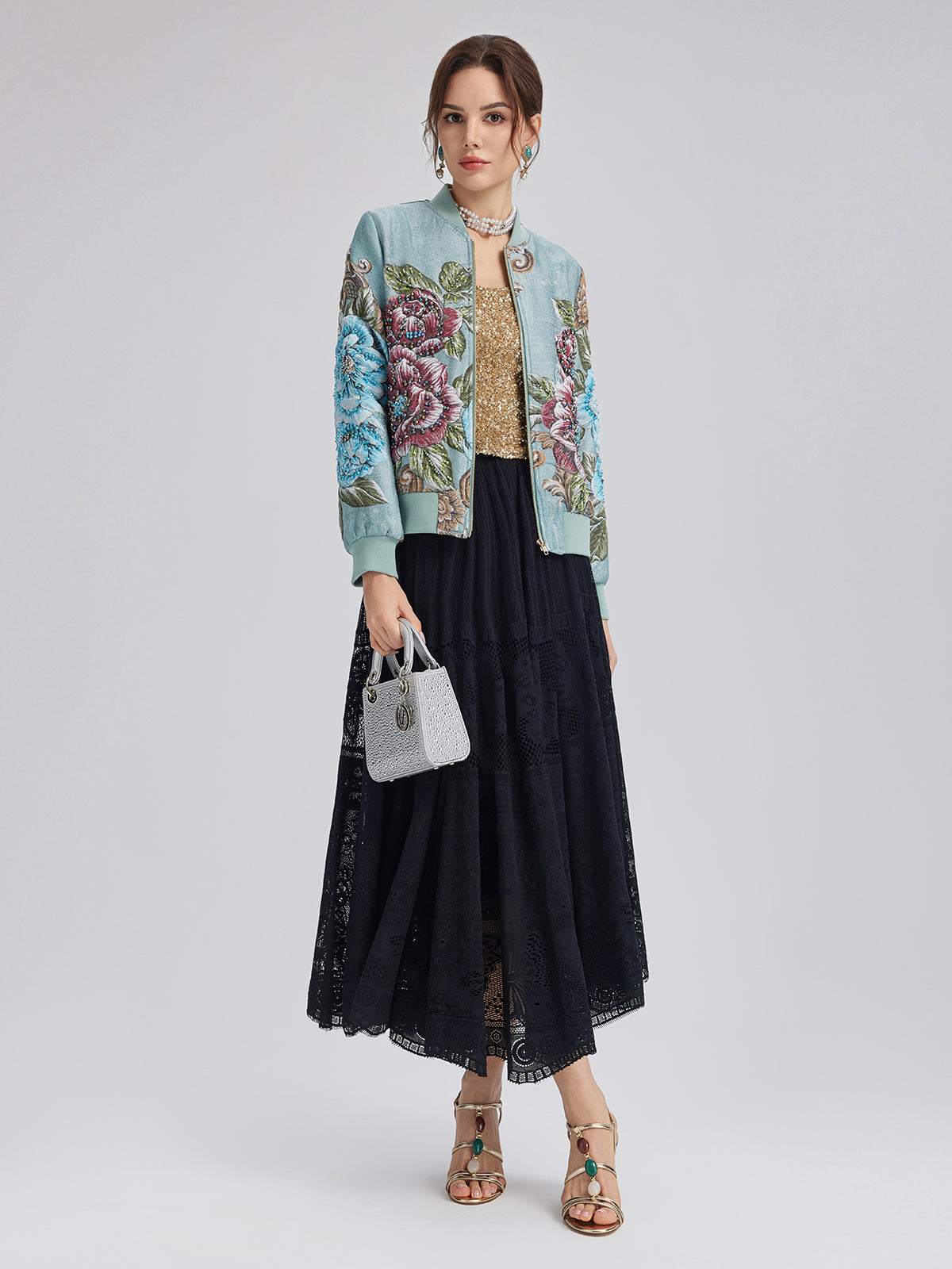 Hand-Beaded 3D Floral Bomber Jacket