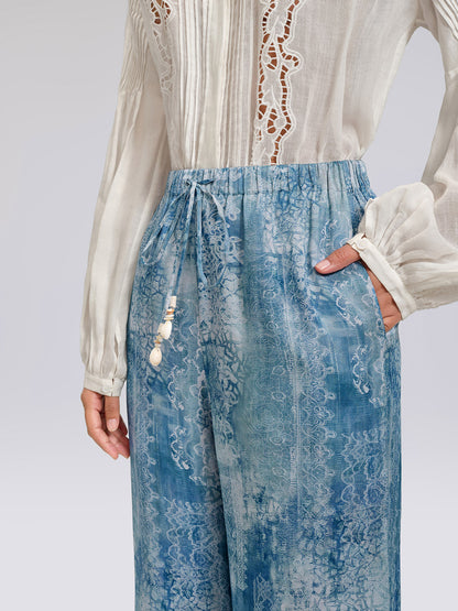 Tencel Printed Elastic Waistband Wide-Leg Pants