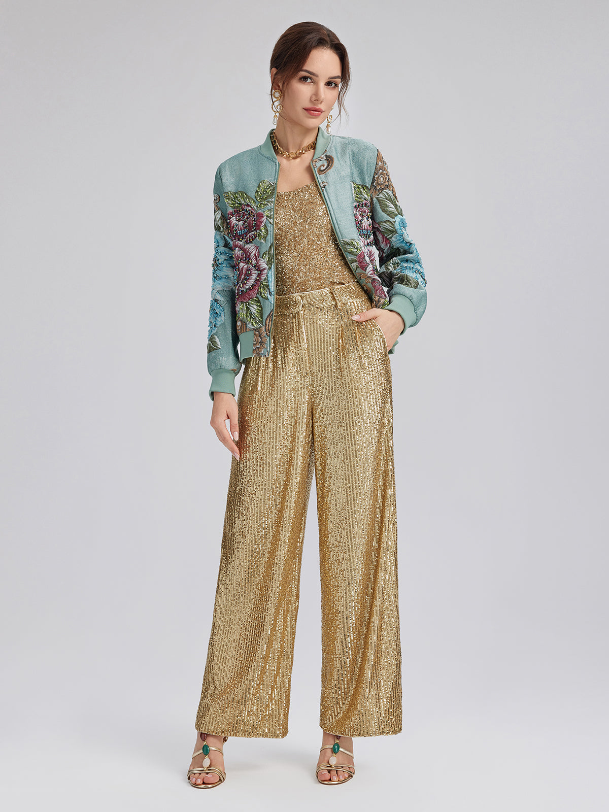 Hand-Beaded 3D Floral Bomber Jacket