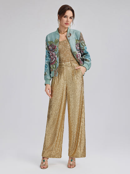 Hand-Beaded 3D Floral Bomber Jacket