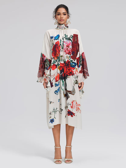 100% Silk Batwing-Sleeve Printed Dress