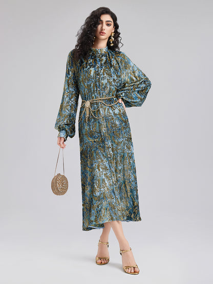 Gold Burnt Floral Velvet Stand Collar Dress