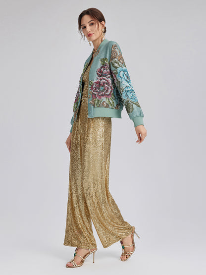 Hand-Beaded 3D Floral Bomber Jacket