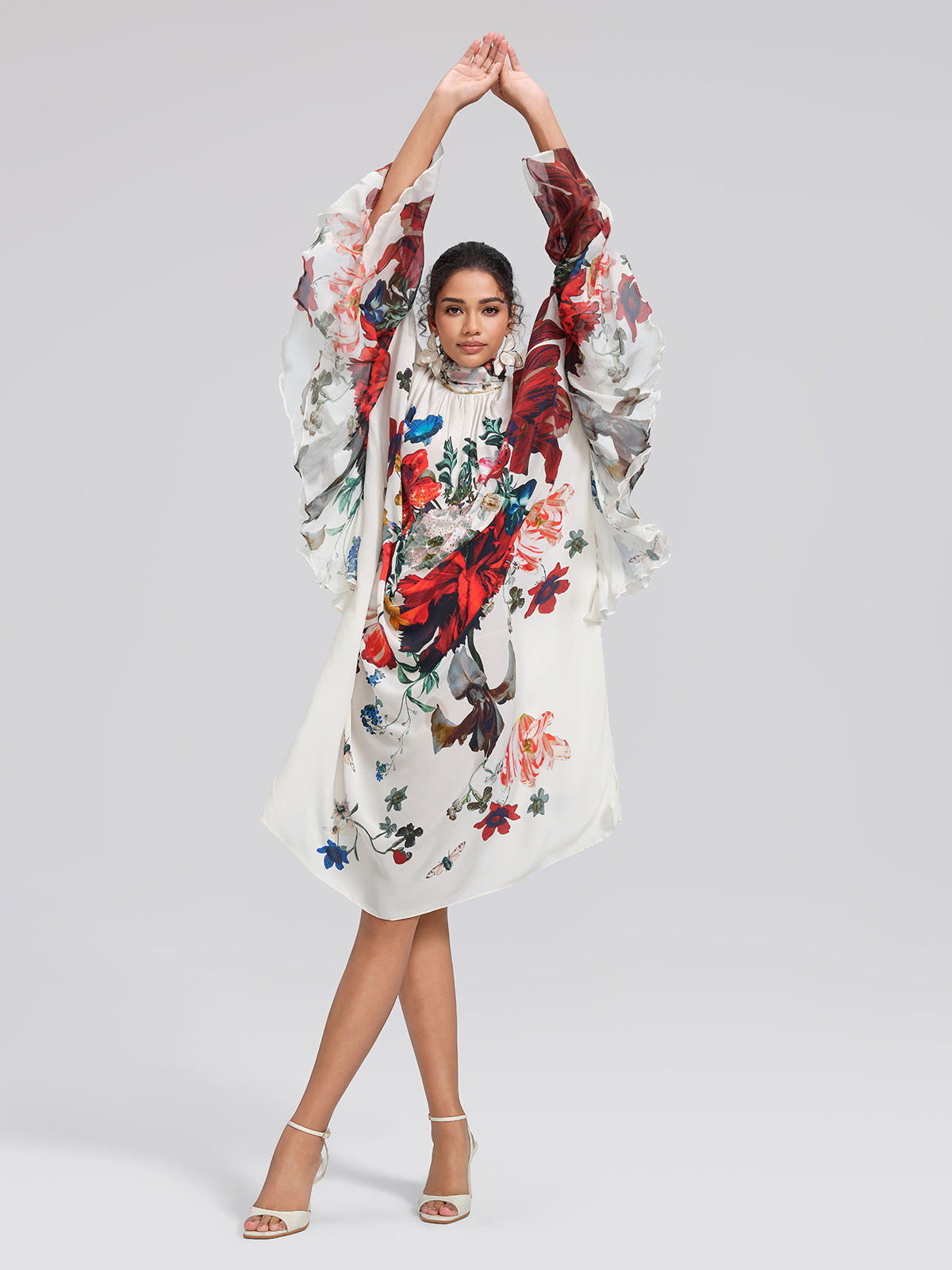 100% Silk Batwing-Sleeve Printed Dress