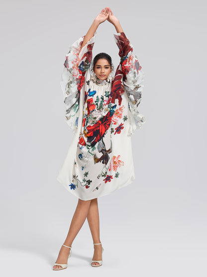 100% Silk Batwing-Sleeve Printed Dress