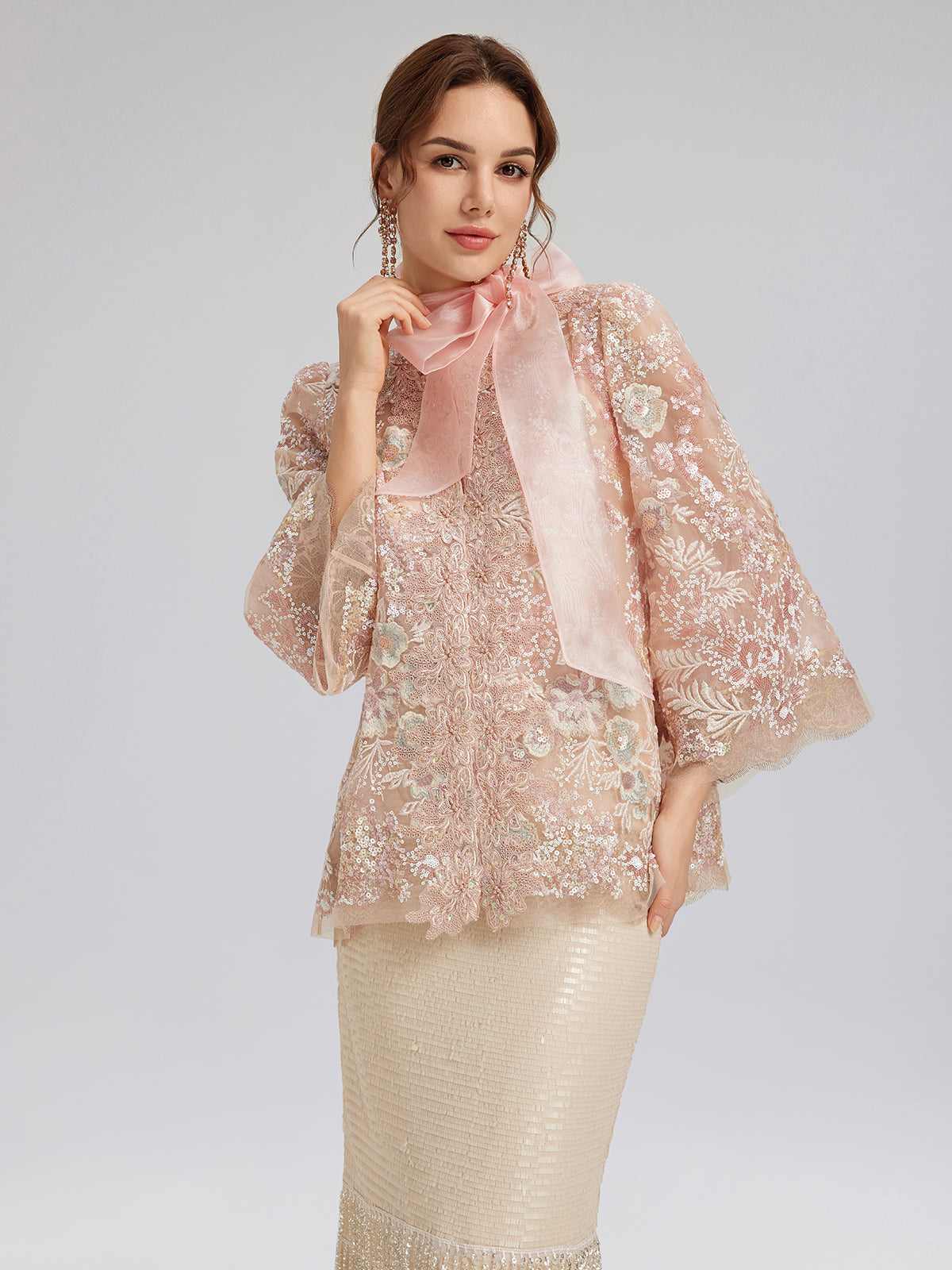 Sequin-Embroidered Detachable-Tie Jacket