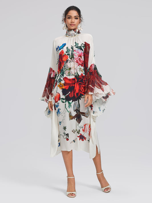 100% Silk Batwing-Sleeve Printed Dress