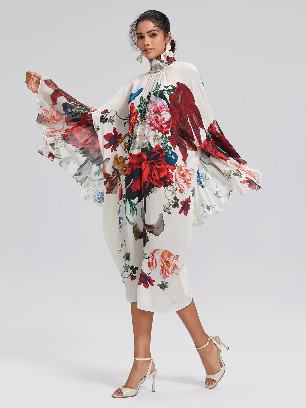 100% Silk Batwing-Sleeve Printed Dress