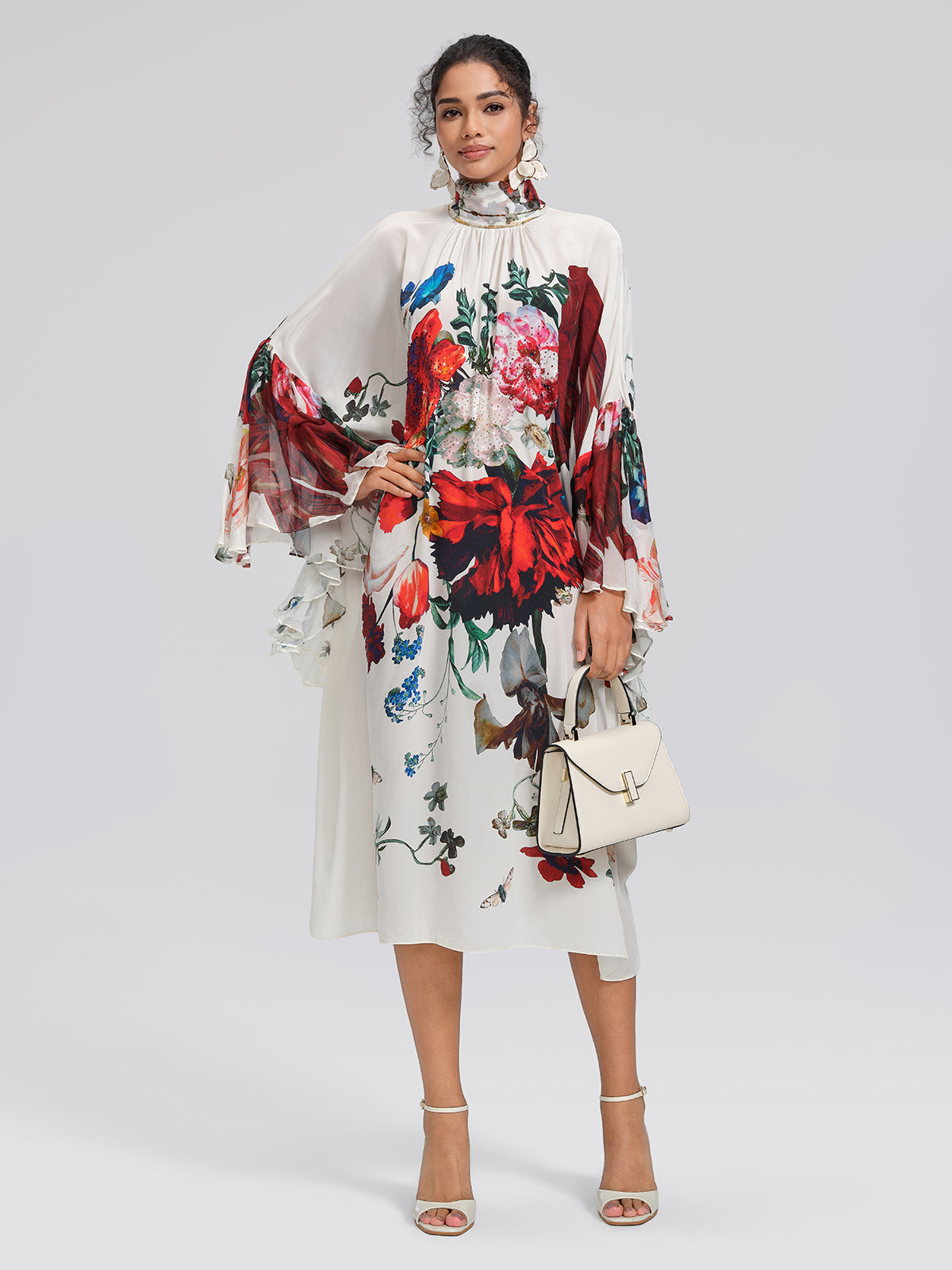 100% Silk Batwing-Sleeve Printed Dress