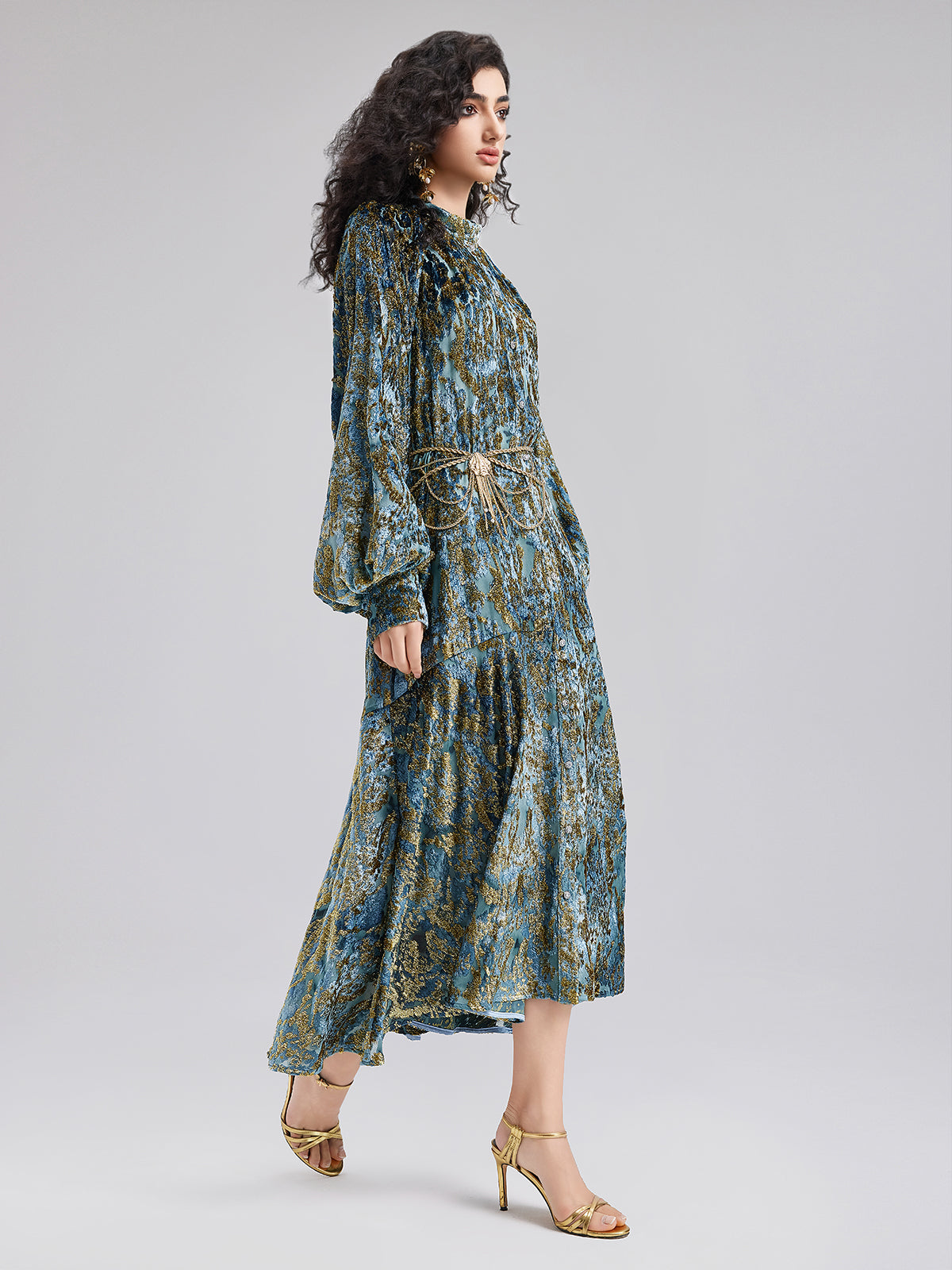 Gold Burnt Floral Velvet Stand Collar Dress