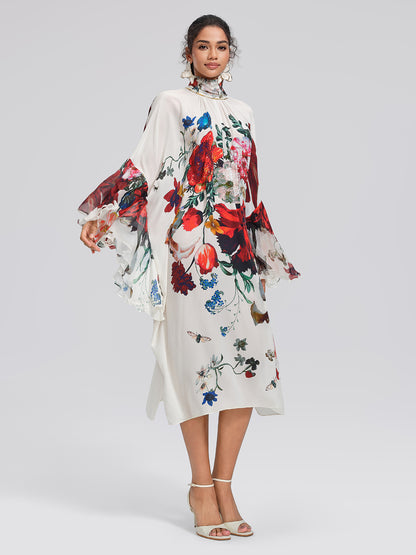 100% Silk Batwing-Sleeve Printed Dress