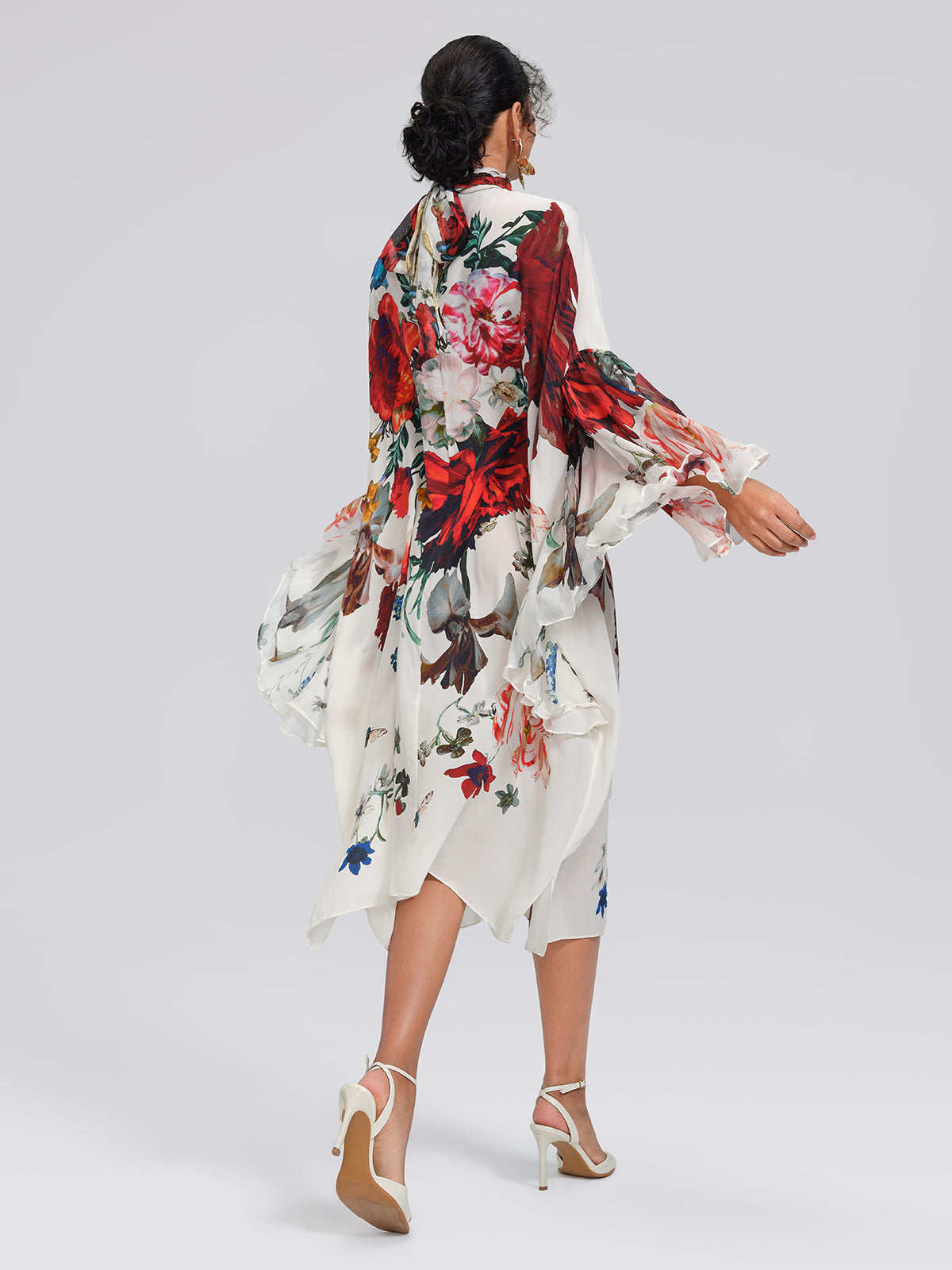 100% Silk Batwing-Sleeve Printed Dress