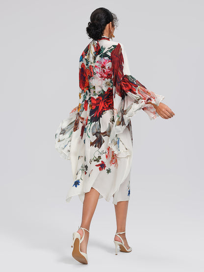 100% Silk Batwing-Sleeve Printed Dress
