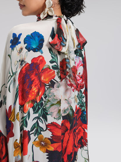 100% Silk Batwing-Sleeve Printed Dress