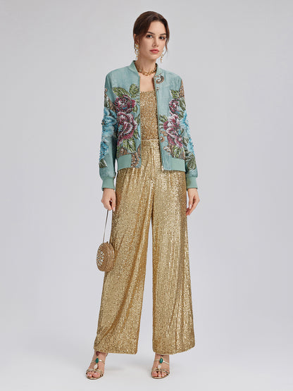 Hand-Beaded 3D Floral Bomber Jacket