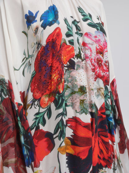 100% Silk Batwing-Sleeve Printed Dress