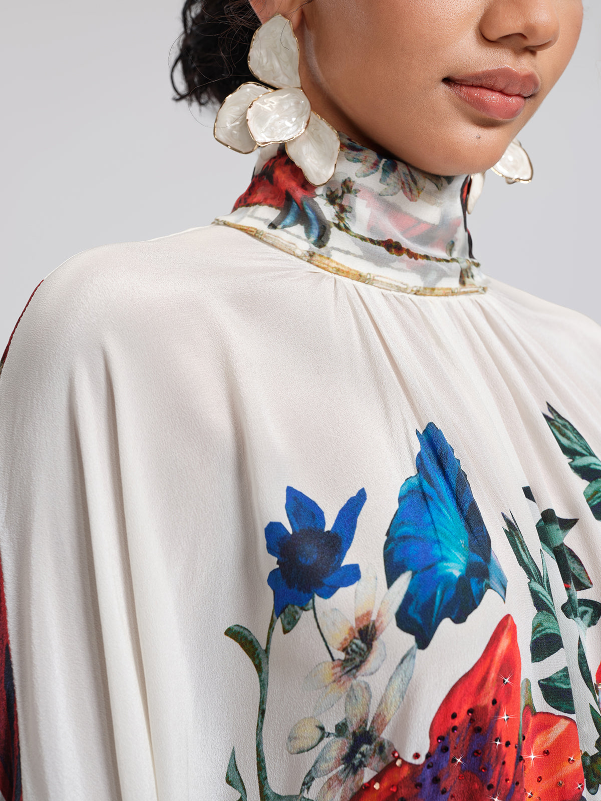 100% Silk Batwing-Sleeve Printed Dress