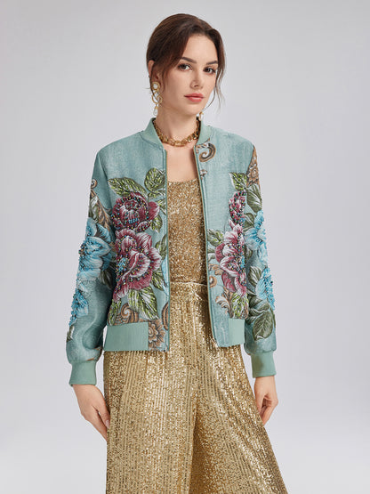 Hand-Beaded 3D Floral Bomber Jacket