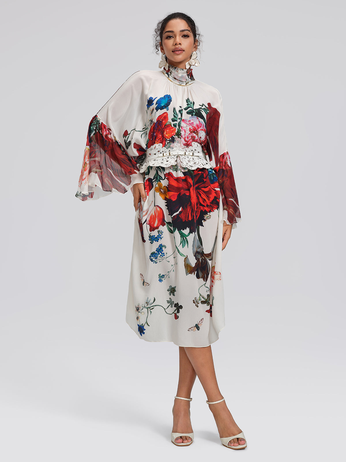 100% Silk Batwing-Sleeve Printed Dress