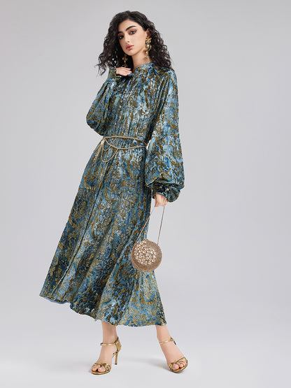 Gold Burnt Floral Velvet Stand Collar Dress