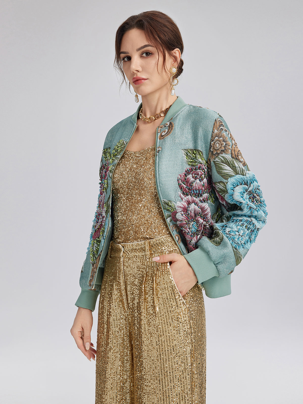 Hand-Beaded 3D Floral Bomber Jacket