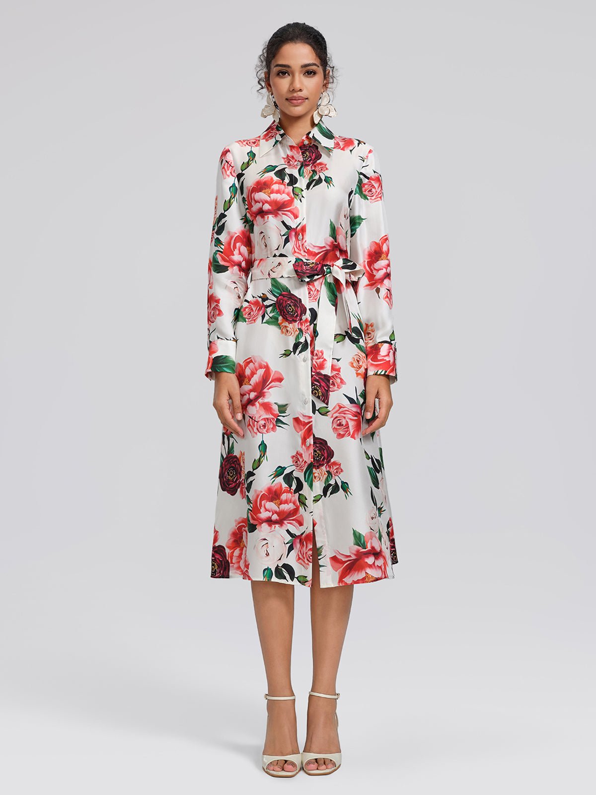 100% Silk Rose Print Turn-down Collar Dress
